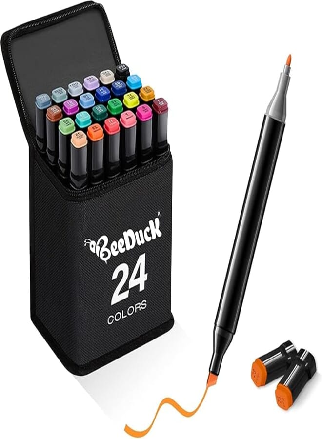 BeeDuck Sketch Pens Set of 24 Colors With Carrying Case, Dual Tip Fine and Broad Chisel Art Markers Sketch Pen, Art Supplies for Coloring, Sketching and Drawing (24)